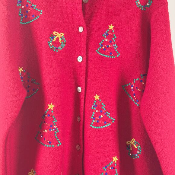 Karen Scott Sport VTG Red Christmas Cardigan Sweater Button Wool Embellished 1X - Picture 3 of 8